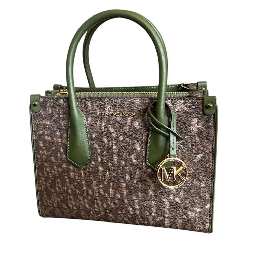 MICHAEL KORS Brown MK Logo Satchel with Olive Green Trim and Gold Hardware